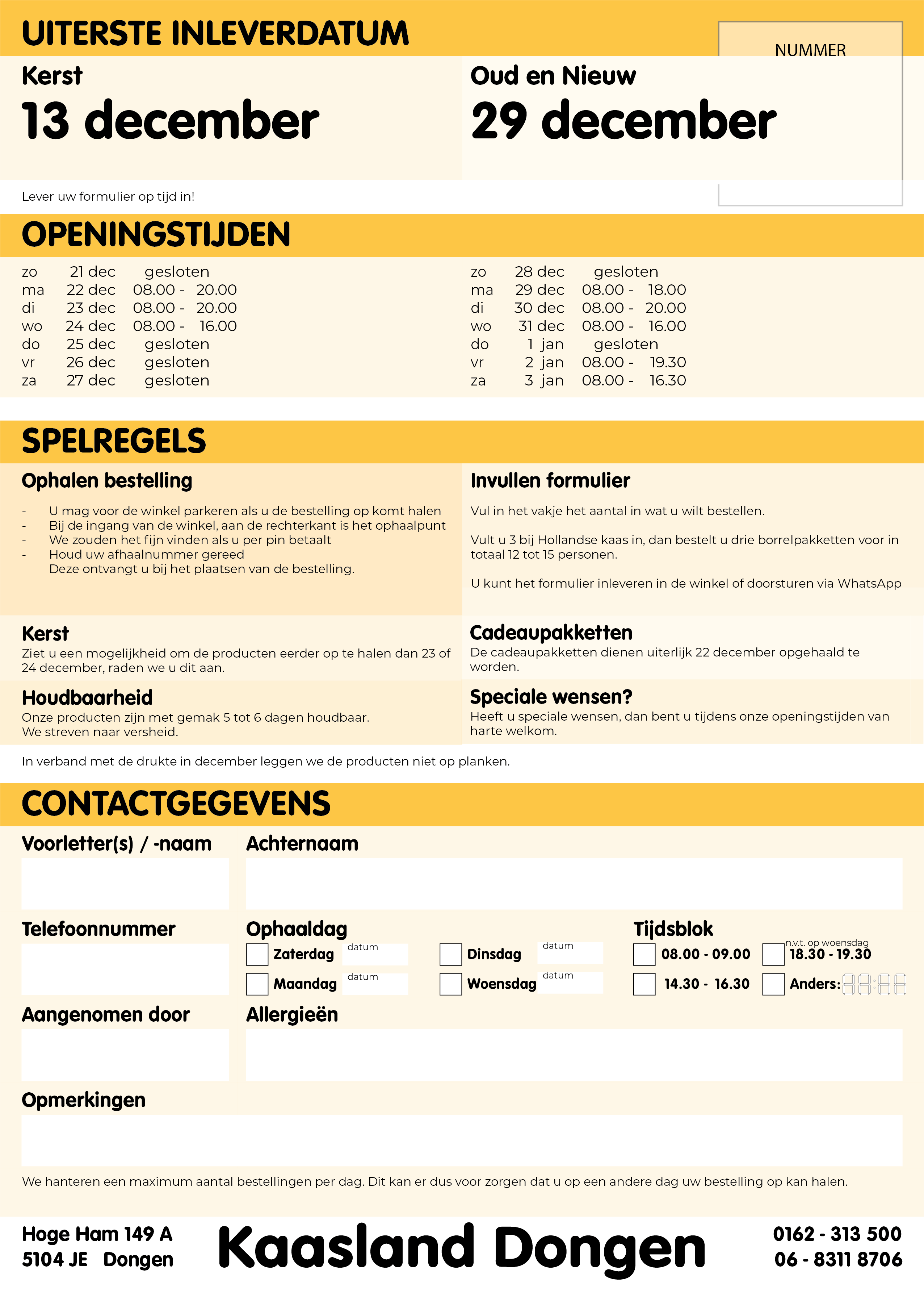 Dit is de achterkant het bestelformulier van Kaasland Dongen voor Kerst 2025.